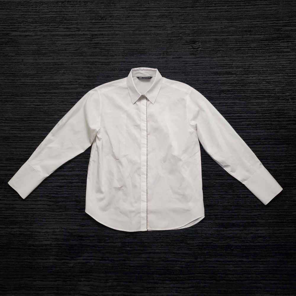Zara Size XS White Long Sleeve  Embellished Poplin  Button Up Shirt 

T